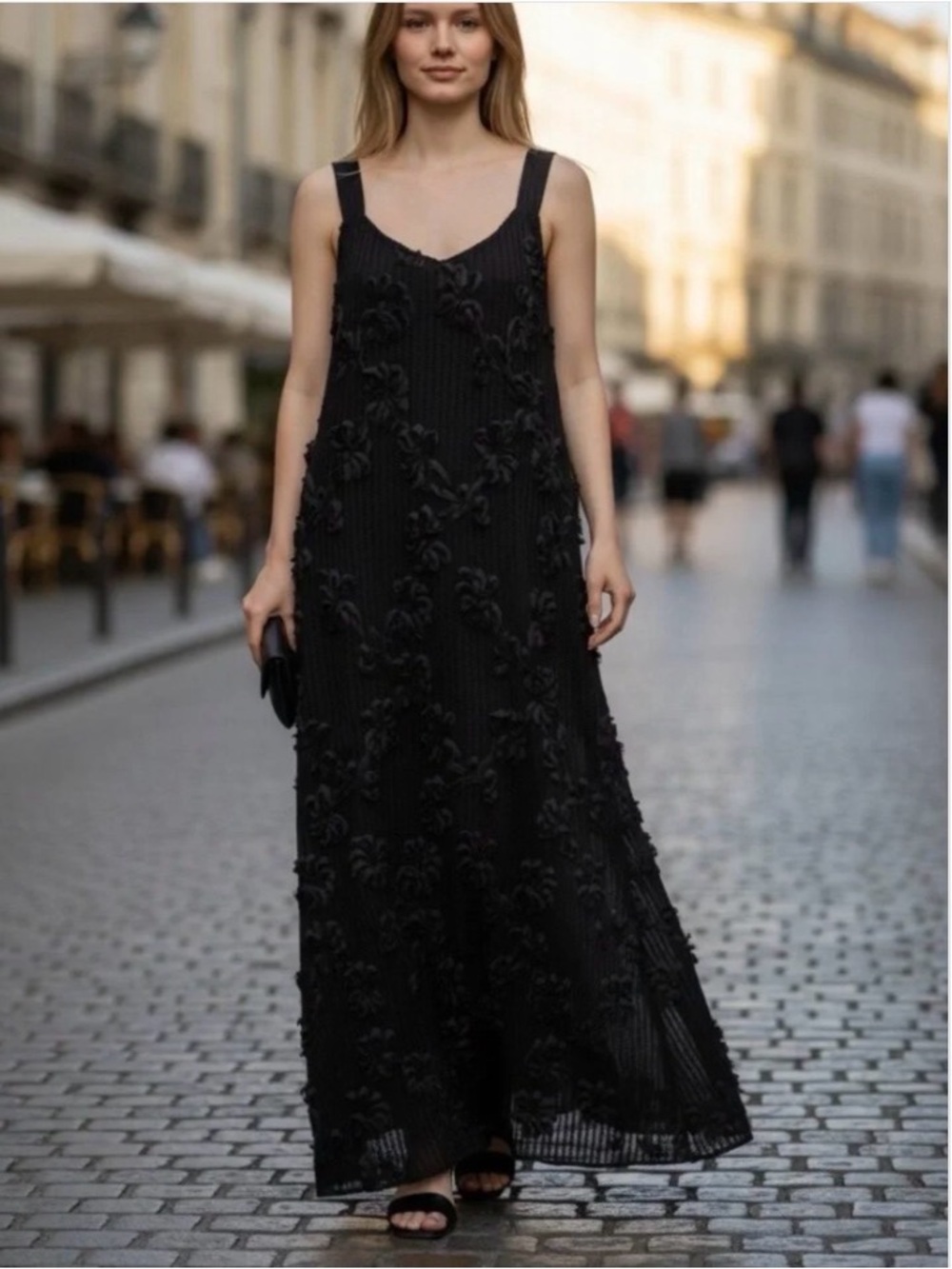 En Saison Black Floral Appliqué Maxi Slip Dress